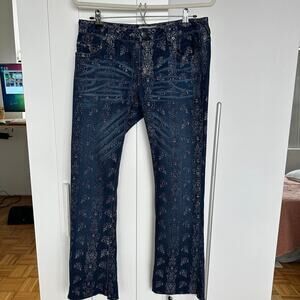 Free People Women's Silver Foiled Damask Print Flare Boho Jeans, Size 28, EUC